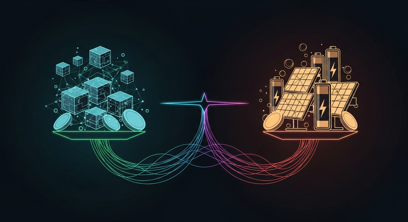 Ilustración editorial de una balanza: de un lado bloques digitales conectados por nodos y del otro paneles solares y baterías, con líneas que sugieren flujo de capital en un fondo sobrio.