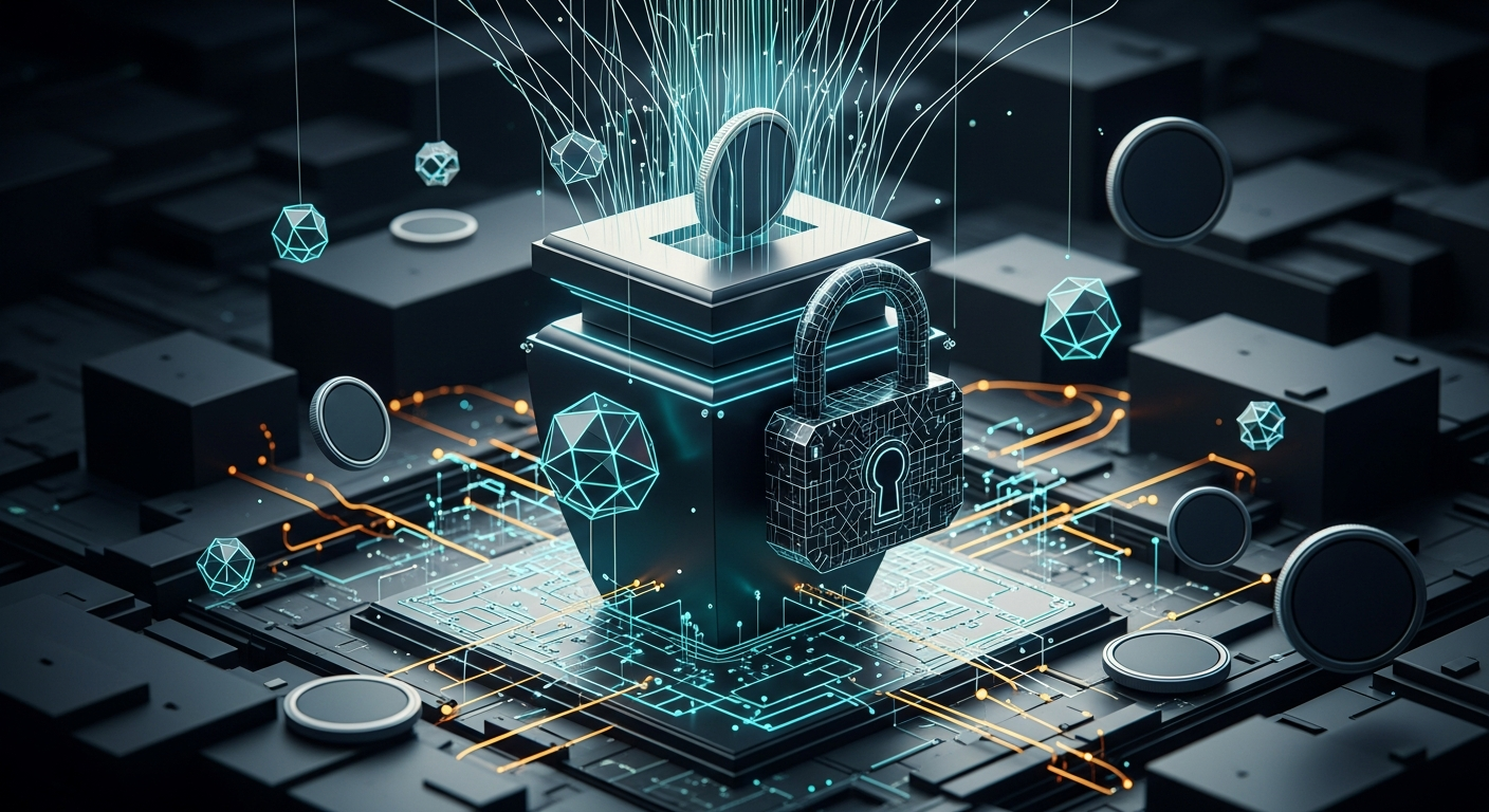 Ilustración editorial de una urna abstracta conectada a una red de nodos, con un candado geométrico y capas de circuitos que sugieren privacidad y control, sobre un fondo oscuro con formas burocrática