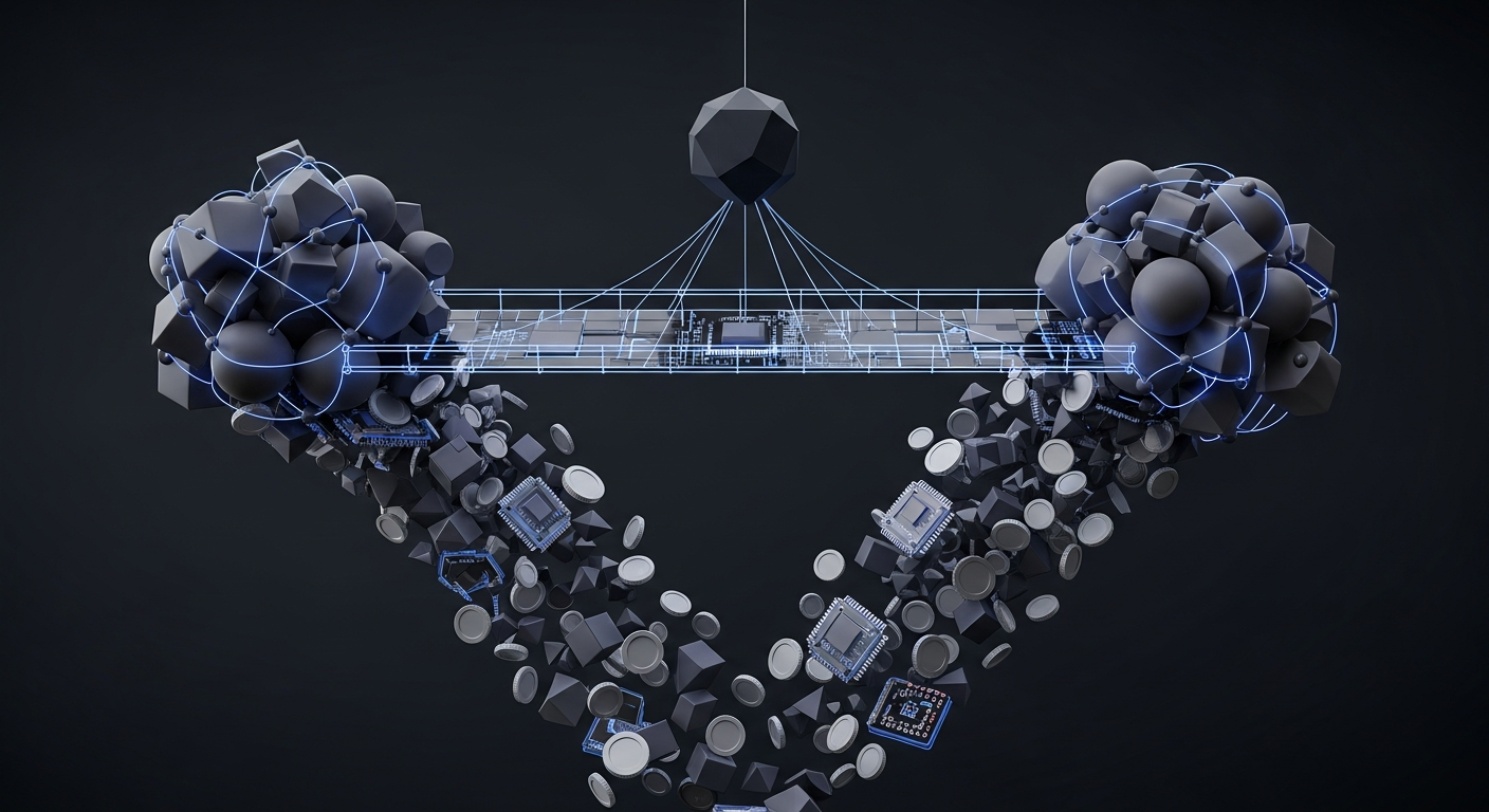 Ilustración editorial de dos redes (infraestructura tradicional y blockchain) conectadas por un puente técnico, con fichas genéricas fluyendo y una balanza abstracta equilibrando ambos lados.