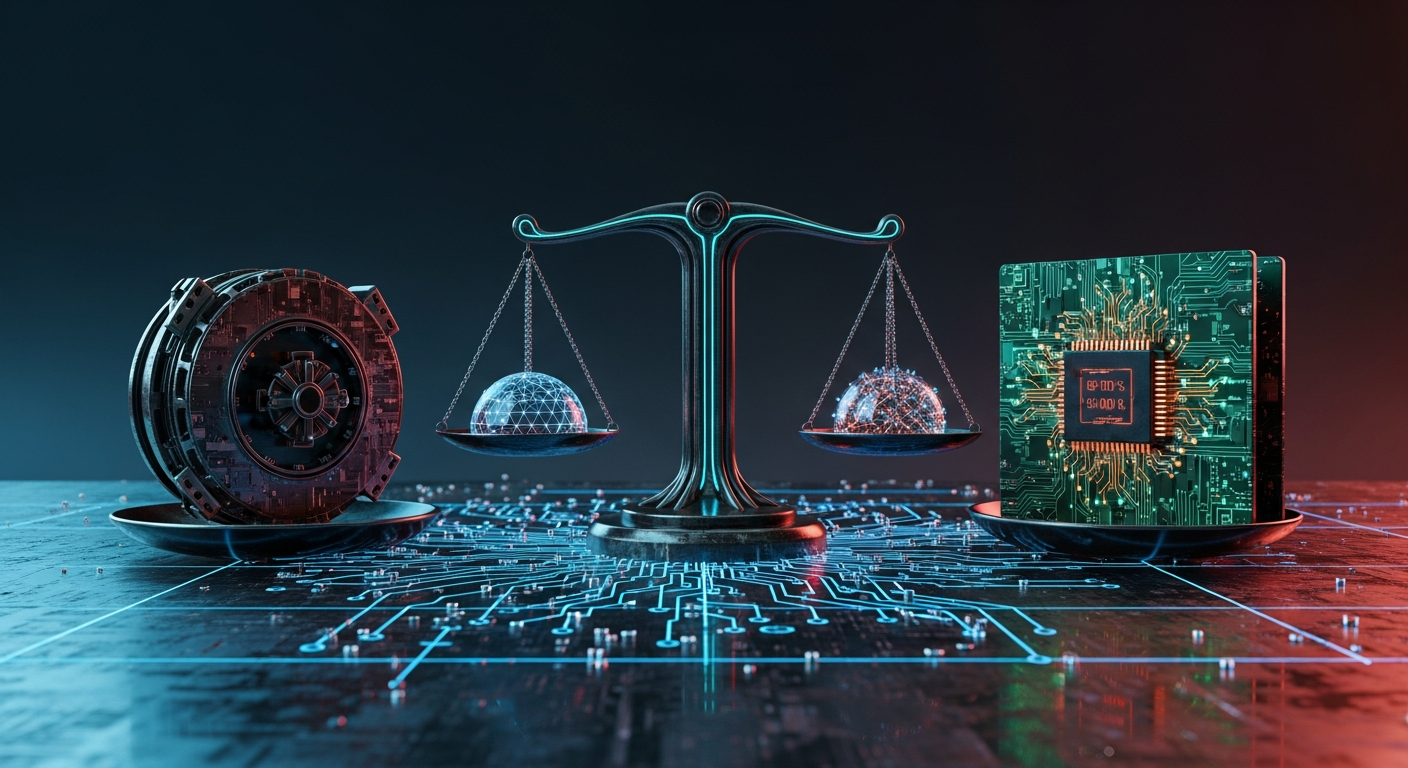 Ilustración editorial de una balanza abstracta: un circuito digital y una bóveda genérica equilibrados sobre una red de nodos, con flujos de liquidez estilizados en fondo oscuro.