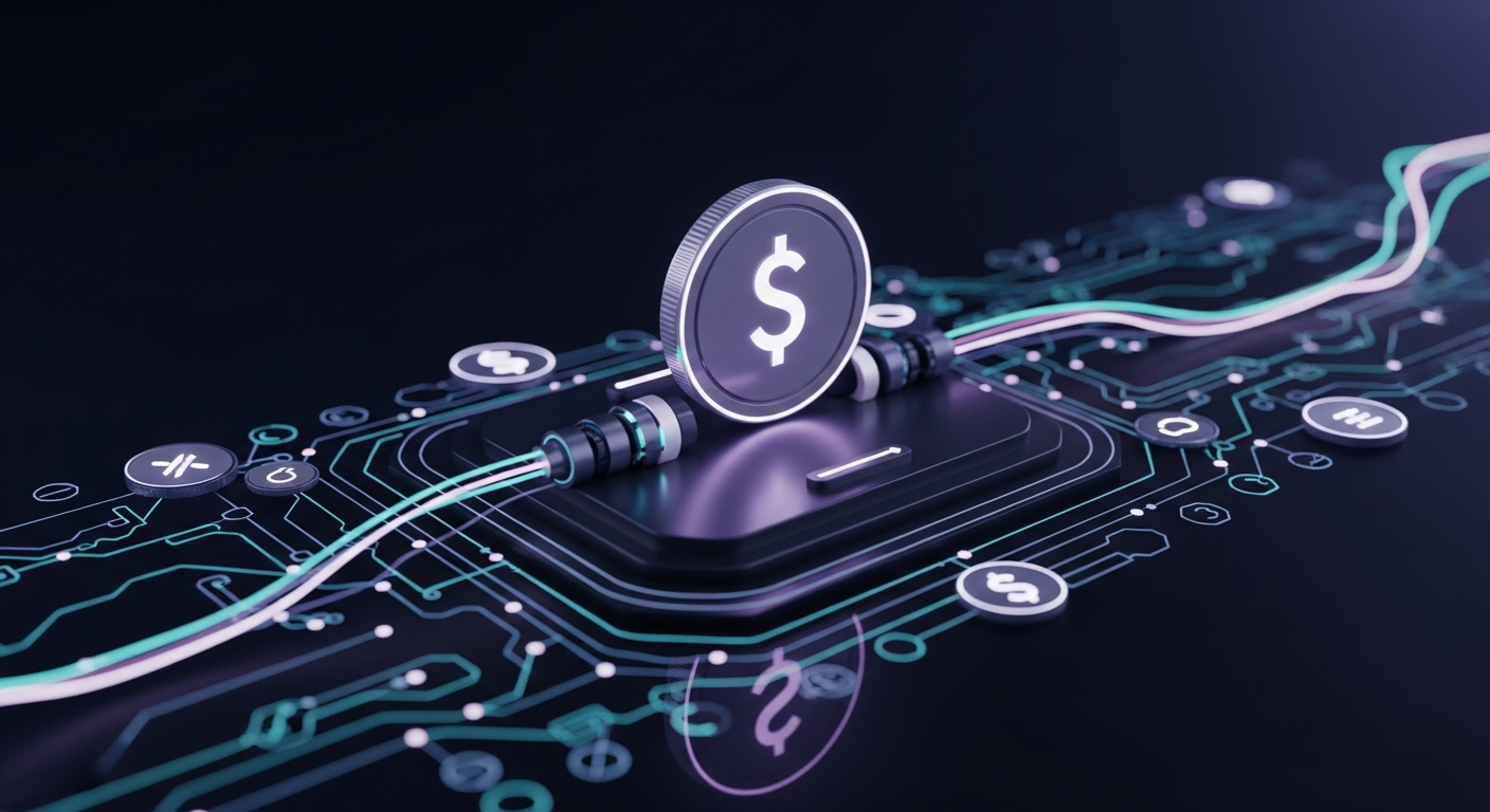 Ilustración editorial de dos imanes abstractos atrayendo flujos de liquidez: uno hacia fichas que representan RWA tokenizados y otro hacia un bloque de lending; un pequeño circuito aislado sugiere mic