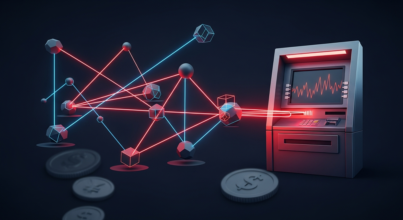 Ilustración editorial de un cajero cripto conectado a una red de nodos abstractos, con sombras digitales y un gráfico de precio ondulante al fondo en tonos oscuros con acentos rojos.