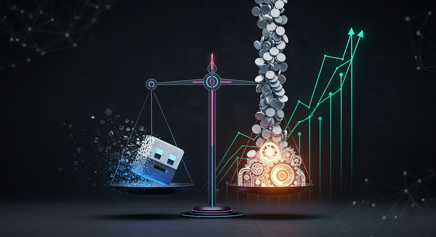 Ilustración editorial de una balanza: un coleccionable digital se apaga en un lado y, en el otro, monedas fluyen hacia un engranaje de infraestructura con líneas ascendentes de rendimiento sin cifras.