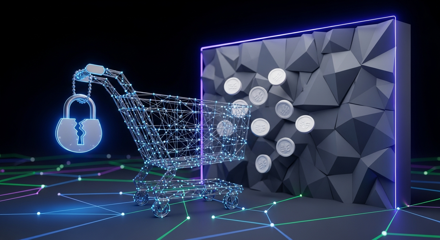 Carrito de compras abstracto conectado a una red de nodos; un candado roto y un muro geométrico bloquean el flujo de pago en un fondo oscuro.