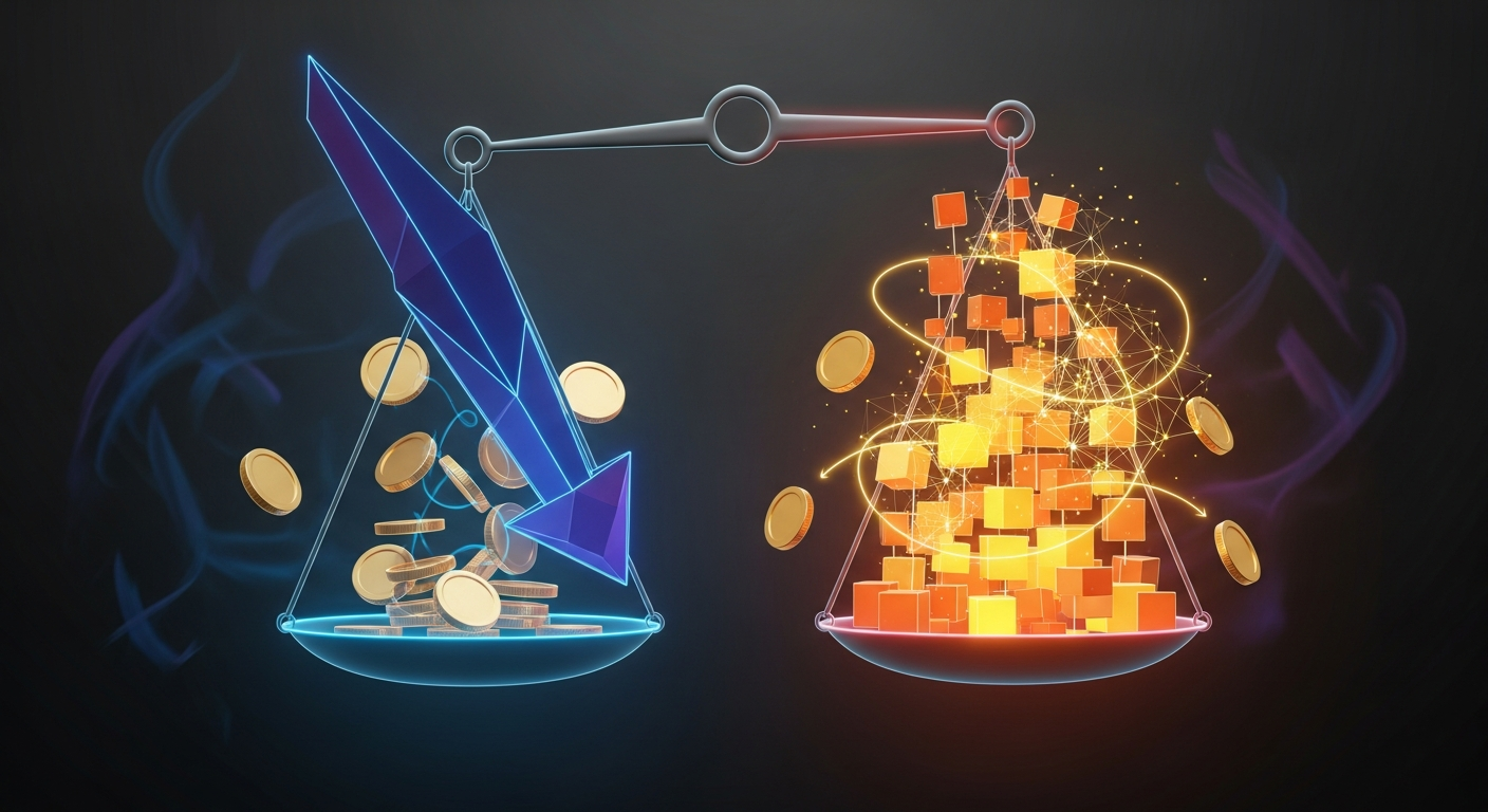 Ilustración editorial de una balanza entre un gráfico descendente y una red blockchain, con monedas genéricas y líneas de flujo de capital en un fondo sobrio.