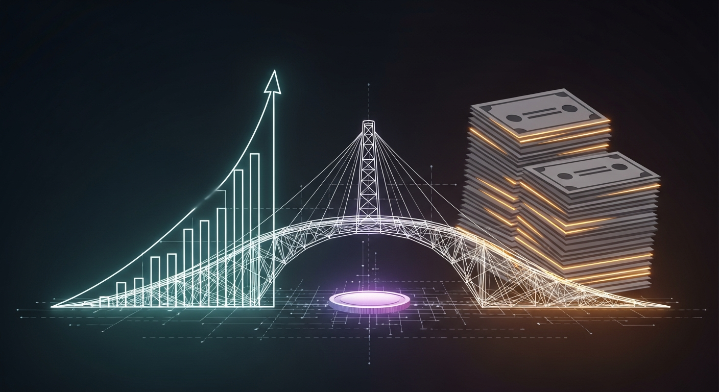 Ilustración editorial de un puente abstracto entre un gráfico financiero ascendente y bonos, con una moneda digital como colateral y líneas de red que sugieren pagos con stablecoins.