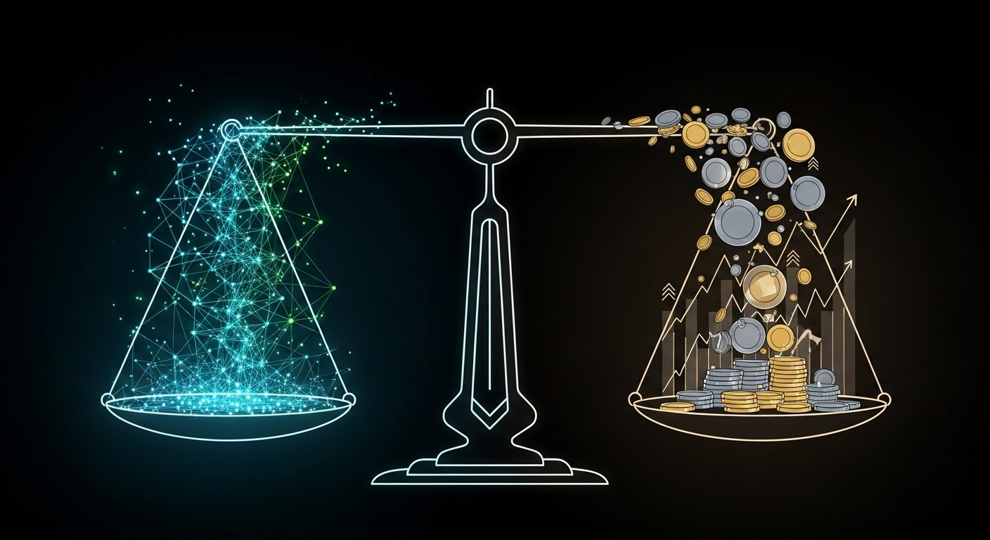 Ilustración editorial de una balanza abstracta: un lado con nodos y líneas que representan el mercado y el otro con un tablero minimalista de tesorería; flujos de monedas genéricas y gráficos sin cifr