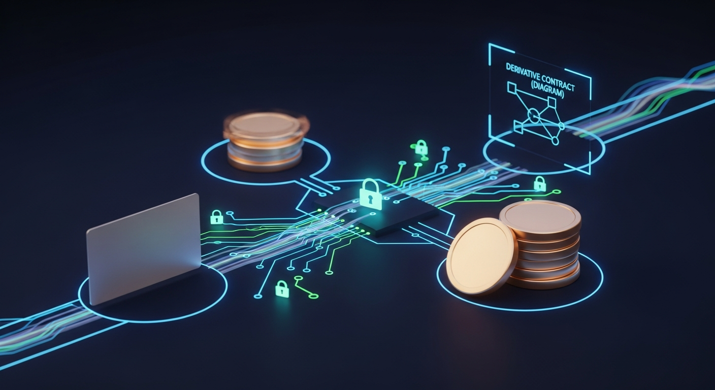 Ilustración editorial de un circuito abstracto que conecta una tarjeta genérica, un token coleccionable y un contrato derivado en forma de diagrama, con flujos de datos y candados minimalistas sobre f