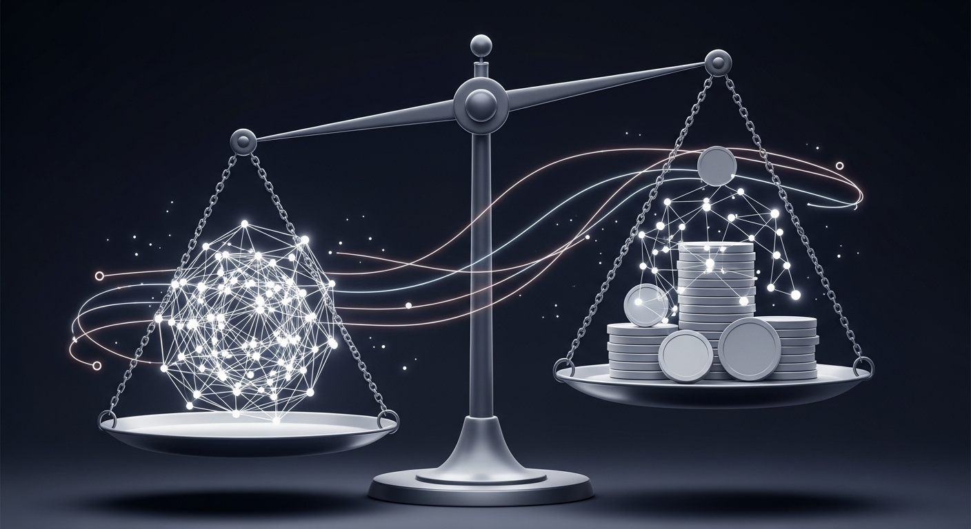Ilustración editorial de una balanza abstracta que equilibra un gráfico de probabilidades y monedas genéricas conectadas por una red de nodos, con líneas de flujo de liquidez sobre fondo oscuro.