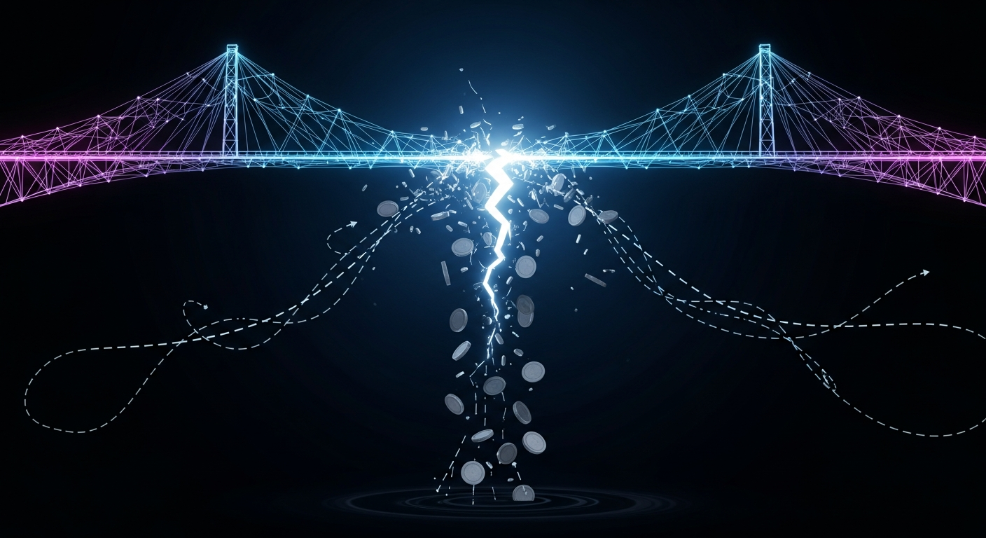 Ilustración editorial de un puente abstracto entre redes de nodos con una grieta luminosa; monedas genéricas caen al vacío y las líneas de flujo aparecen interrumpidas sobre fondo oscuro.