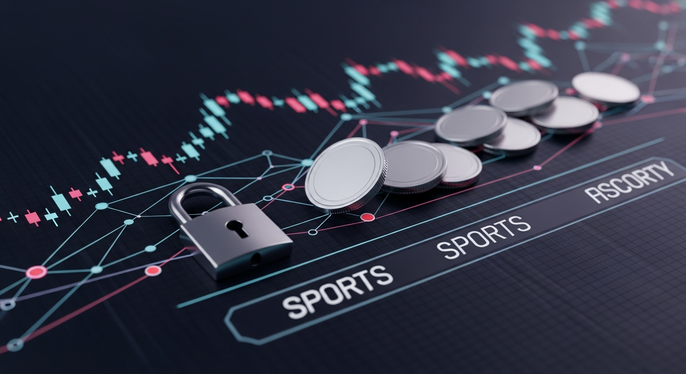 Ilustración editorial de un tablero de mercado con líneas de precio y nodos conectados, un candado metálico que simboliza cumplimiento regulatorio y fichas fluyendo hacia una interfaz deportiva estili