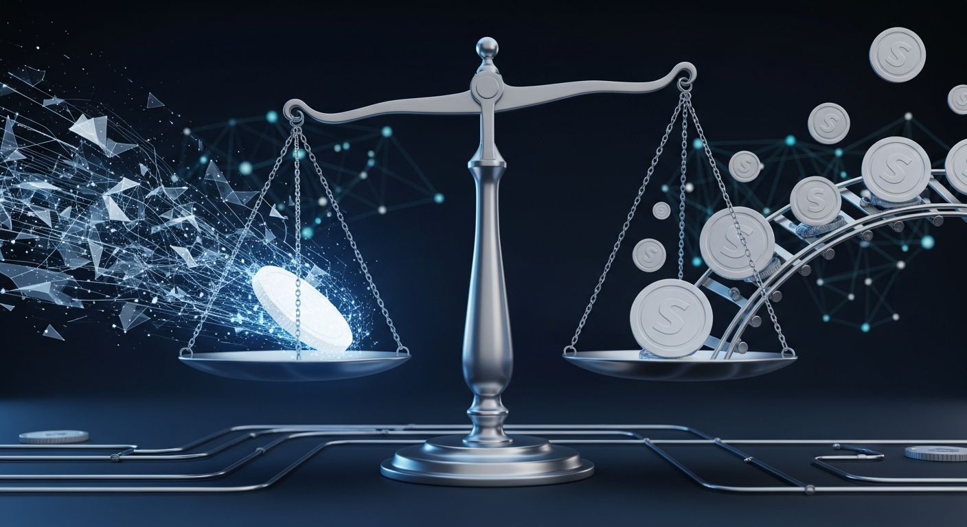 Ilustración editorial de una balanza abstracta: a un lado un token genérico cambiando de forma y al otro un flujo de stablecoins sobre rieles de pago, con una red de nodos tenue al fondo.