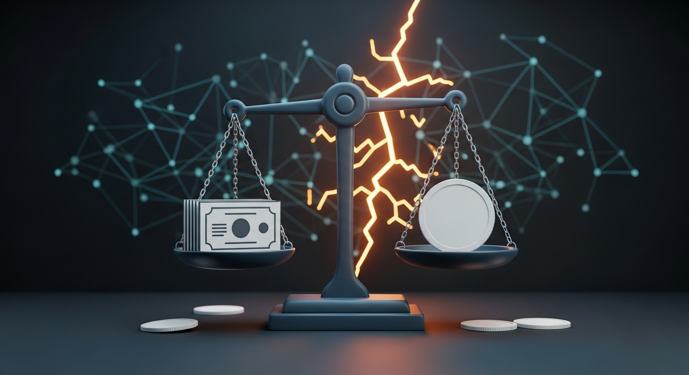 Ilustración editorial de una balanza abstracta: de un lado bonos del Tesoro genéricos y del otro una moneda estable; al fondo una red de nodos con una grieta luminosa que sugiere interrupciones técnic