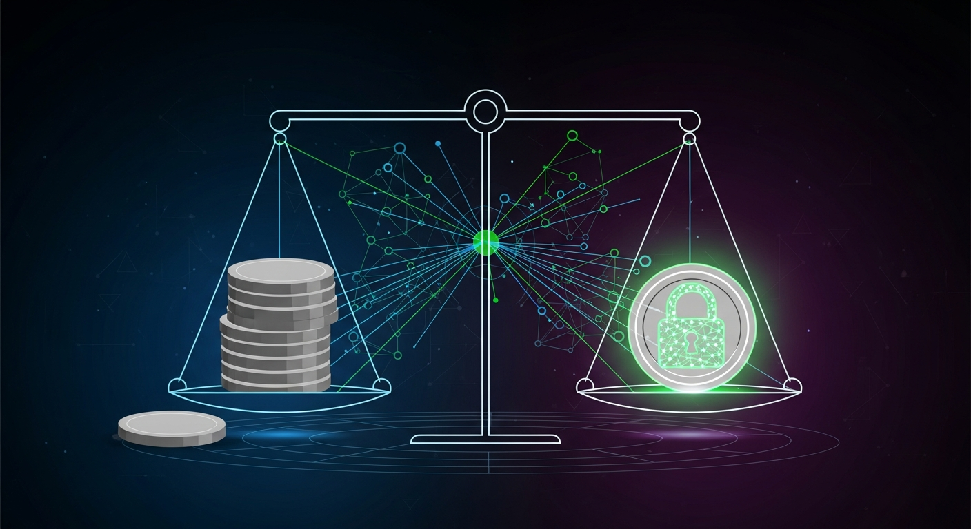 Ilustración editorial de una balanza abstracta: de un lado un ETF genérico y del otro un token con candado, conectados por una red de nodos y líneas de cumplimiento sobre fondo oscuro.