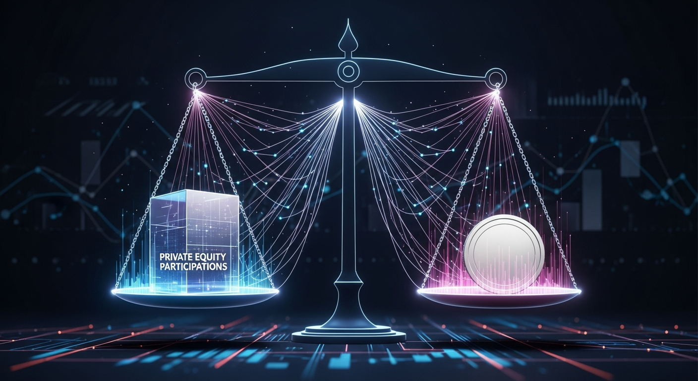 Ilustración editorial de una balanza abstracta: un bloque digital con participaciones privadas tokenizadas frente a una moneda genérica, conectados a una red de nodos sobre un fondo financiero sobrio.
