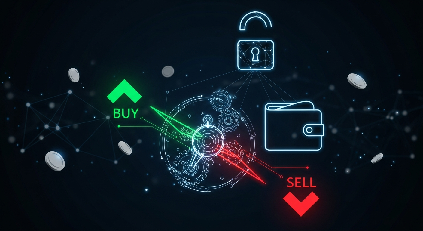Ilustración editorial de una interfaz abstracta de exchange conectada a una cartera digital con circuitos y engranes; flechas geométricas de compra/venta y un candado abierto sobre una red de nodos en