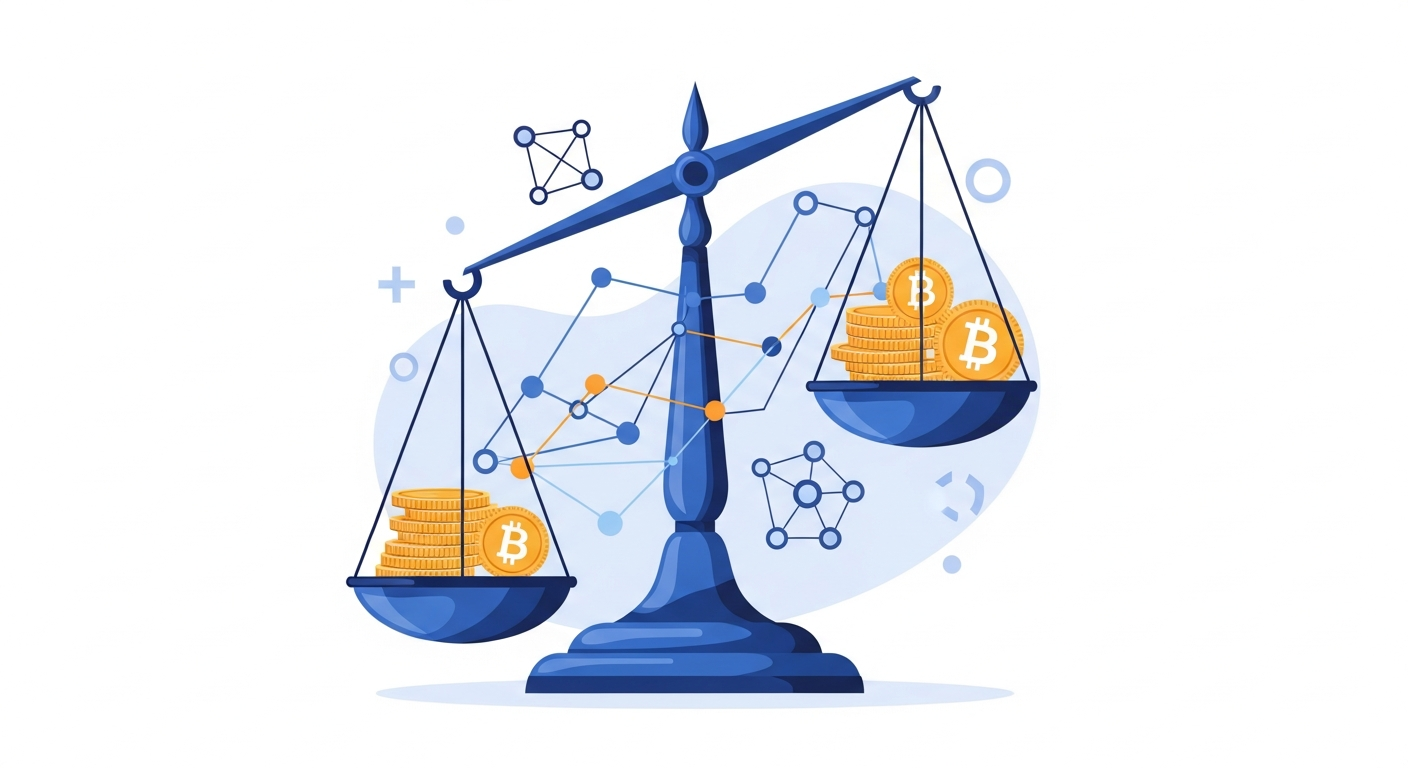 Ilustración editorial de una balanza abstracta con un gráfico genérico al alza en un plato y otro a la baja en el otro, con nodos de red y una moneda de stablecoin sobre fondo oscuro minimalista.