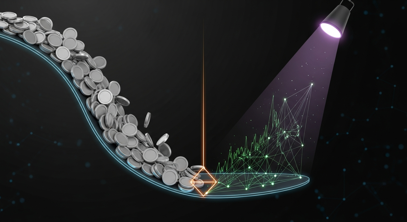 Ilustración editorial minimalista: una balanza abstracta con un riel de pagos con stablecoins hacia un lado y, al otro, un foco de escenario y un gráfico de derivados desvaneciéndose sobre fondo oscur