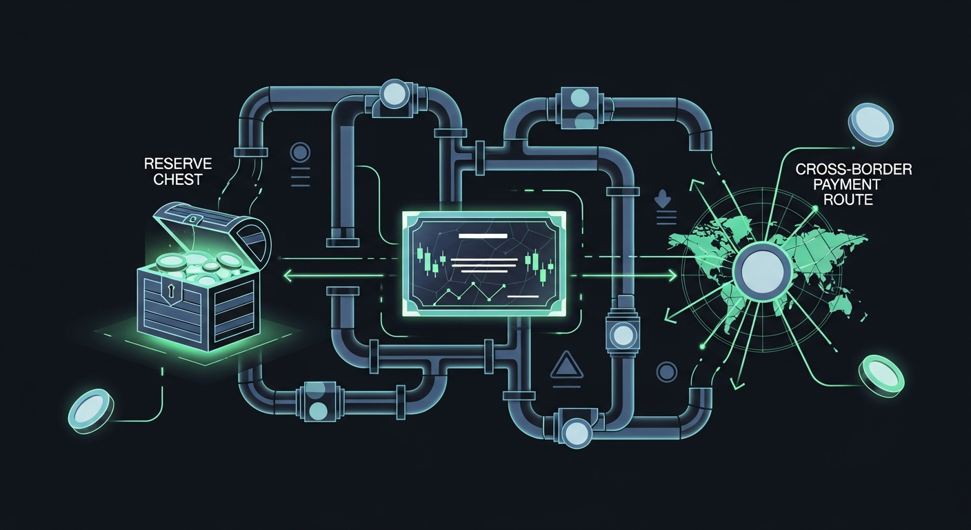 Ilustración editorial de tuberías y válvulas abstractas conectando un cofre de reservas, un certificado bursátil genérico y una ruta de pago transfronterizo en estilo geométrico, sin números.