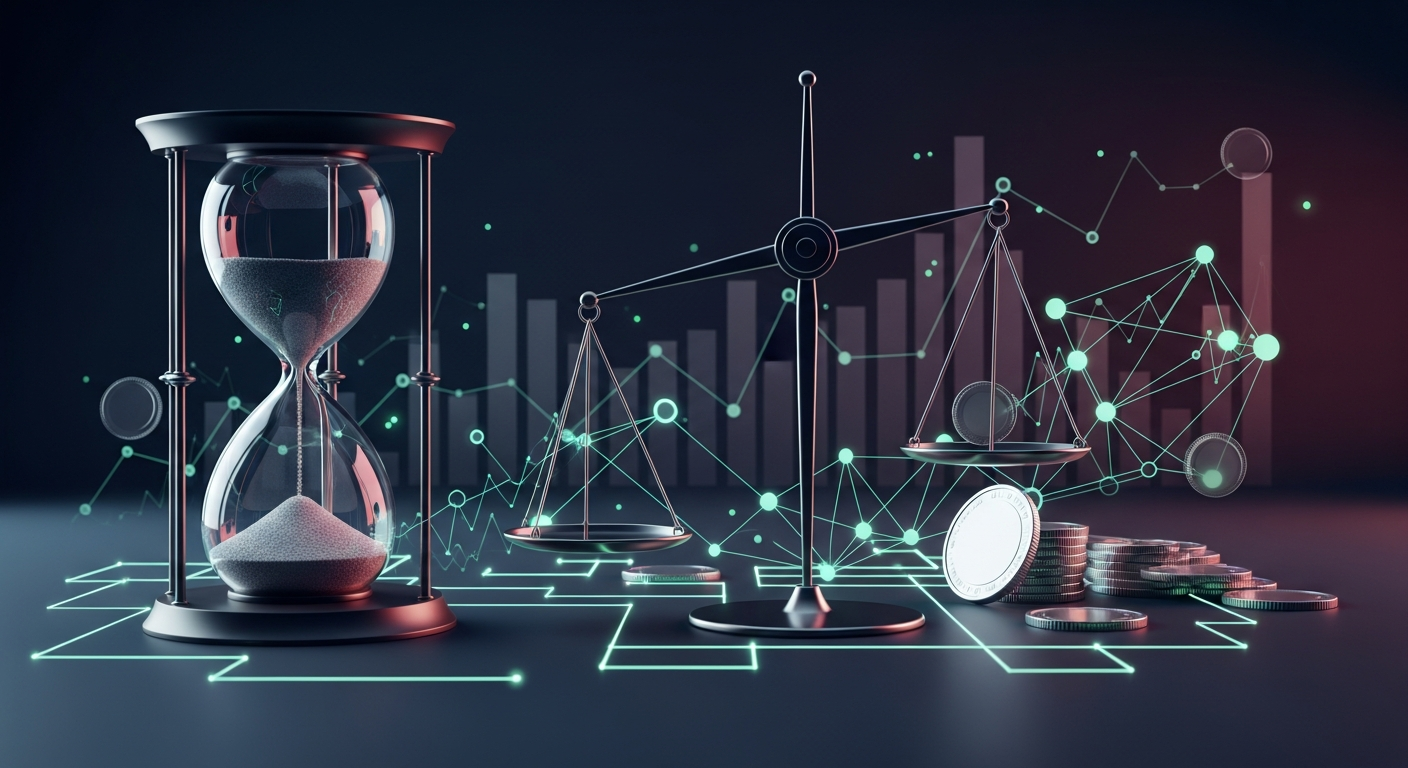 Ilustración editorial con un reloj de arena, una balanza abstracta y una red de nodos que sugiere regulación, riesgo y flujos de liquidez en cripto.