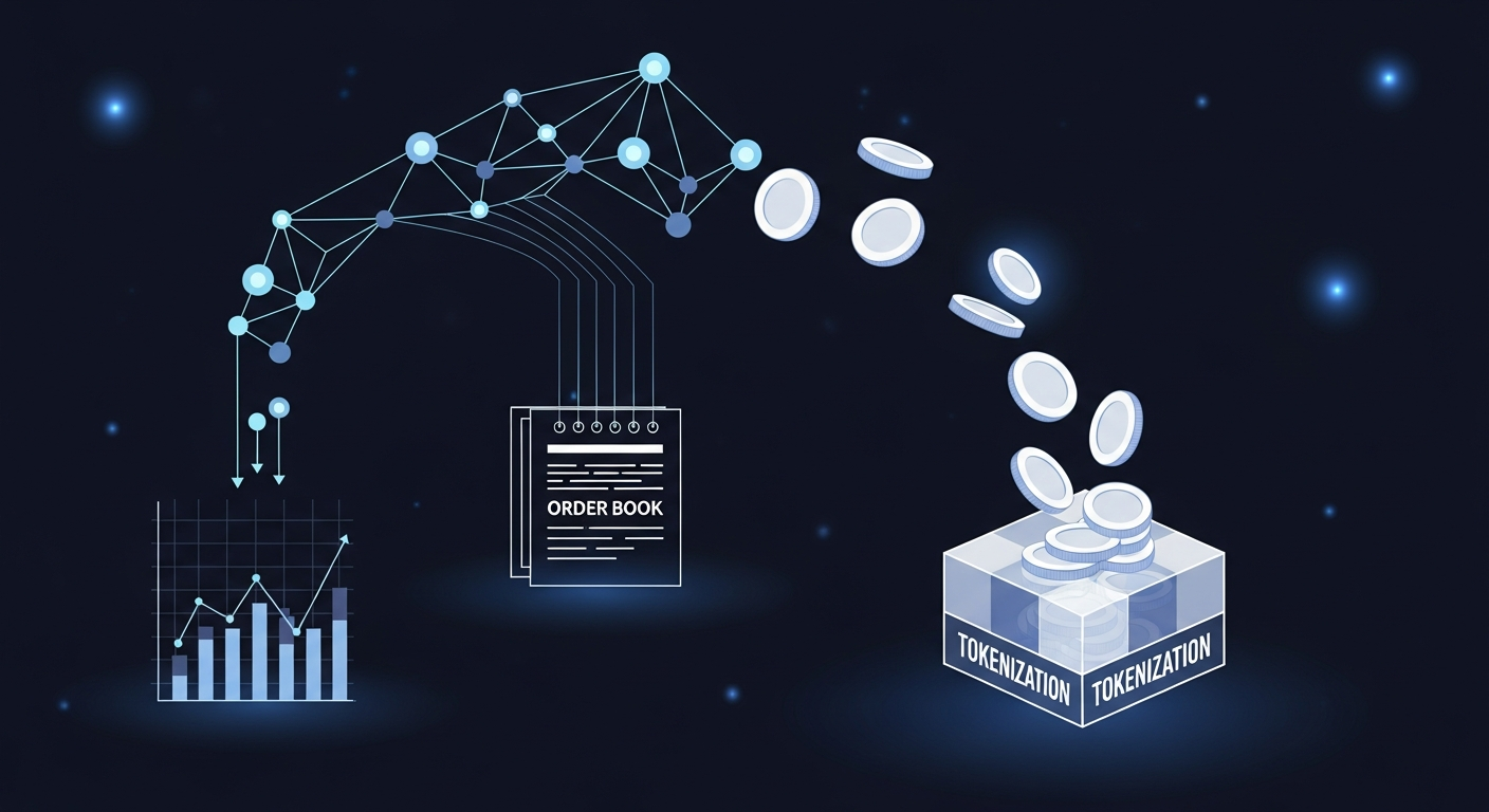 Ilustración editorial de una red de nodos que alimenta un gráfico y un libro de órdenes; monedas genéricas fluyen hacia un bloque geométrico que sugiere tokenización, sobre fondo oscuro con acentos ne
