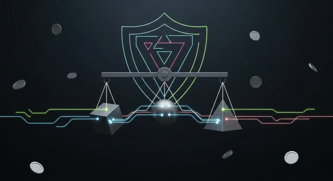 Ilustración editorial de una balanza abstracta con tres bloques conectados por líneas de red, flujos de liquidez y un escudo tecnológico al fondo.