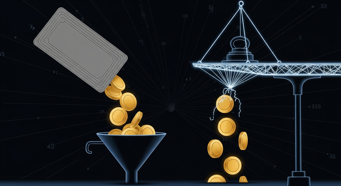 Ilustración editorial de una balanza: a un lado, un bloque financiero tradicional se vacía en un embudo; al otro, una plataforma de apalancamiento con líneas de margen tensas y monedas genéricas cayen
