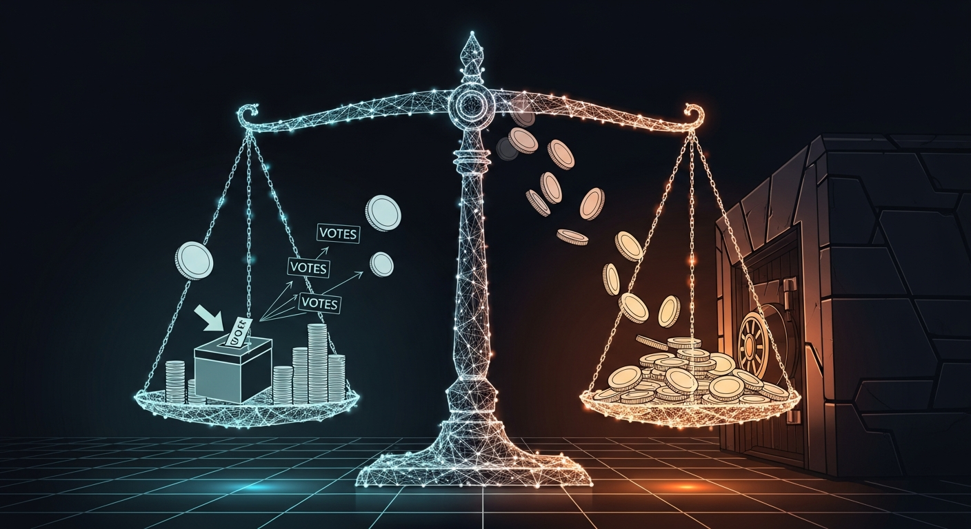 Ilustración editorial de una balanza abstracta hecha de nodos conectados y fichas genéricas: un lado sugiere votación onchain y el otro un flujo hacia una bóveda institucional, sobre fondo oscuro con 