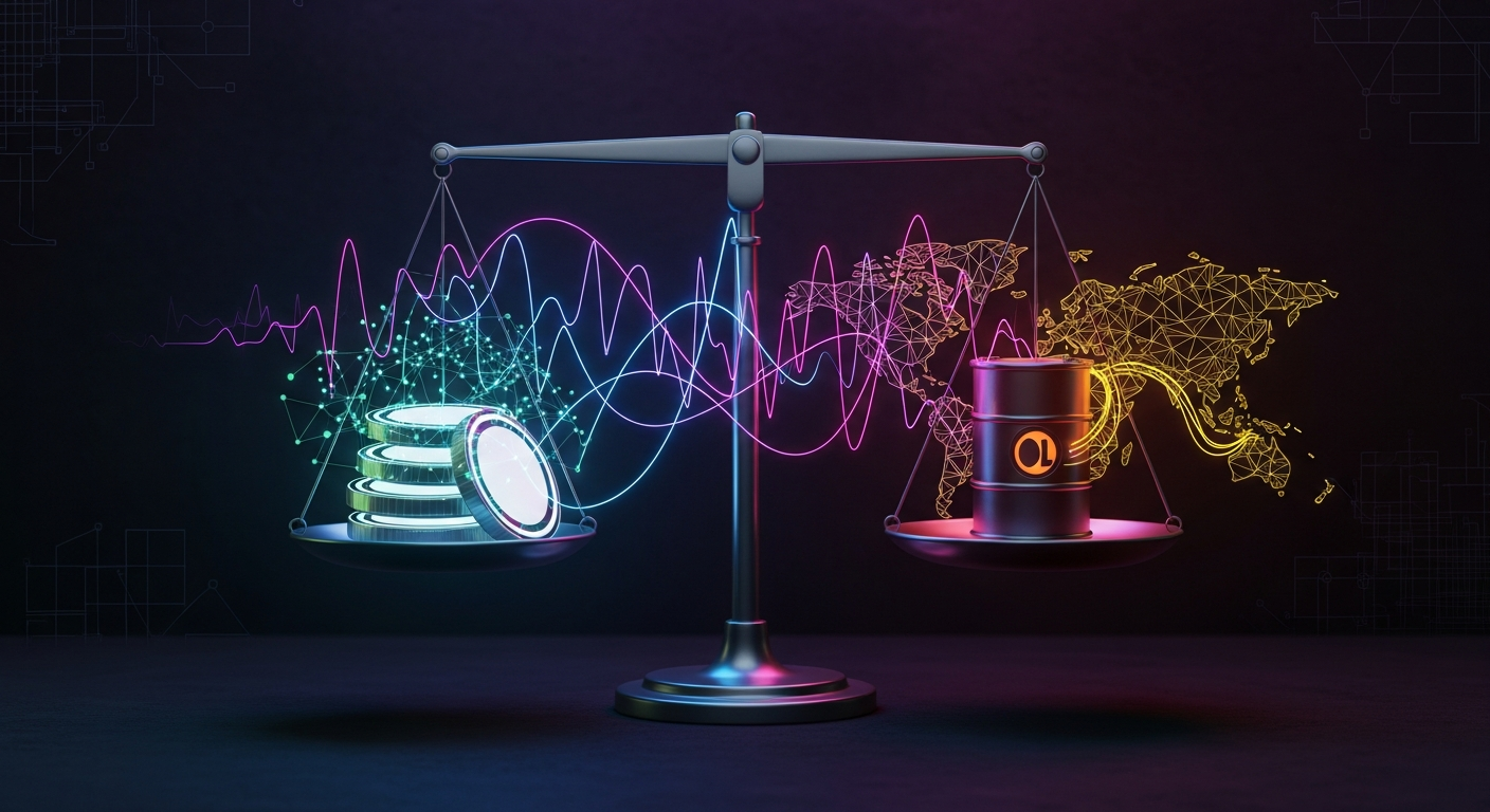 Ilustración abstracta de una balanza con símbolos de Ethereum y Bitcoin en un lado, y un barril de petróleo con rutas marítimas en el otro, representando la interconexión de las criptomonedas con las